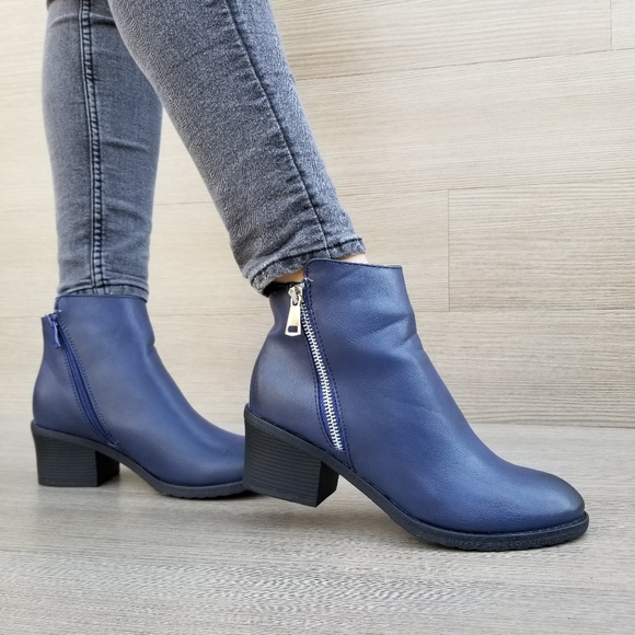Navy Faux Leather Ankle Boots W/ Silver Zipper - Picture 7 of 7
